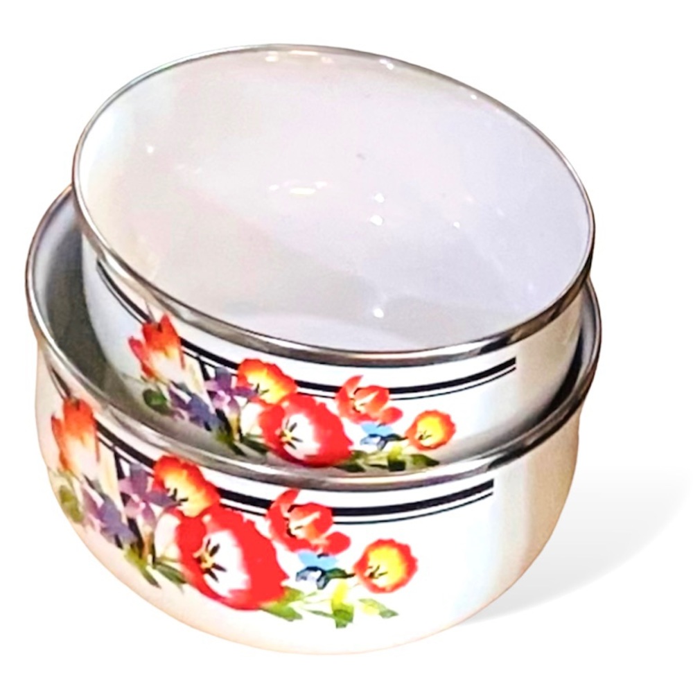 Vintage 1980s GMI Enamelware Nesting Bowl Set Floral MCM Tin Retro Dish Set 80s